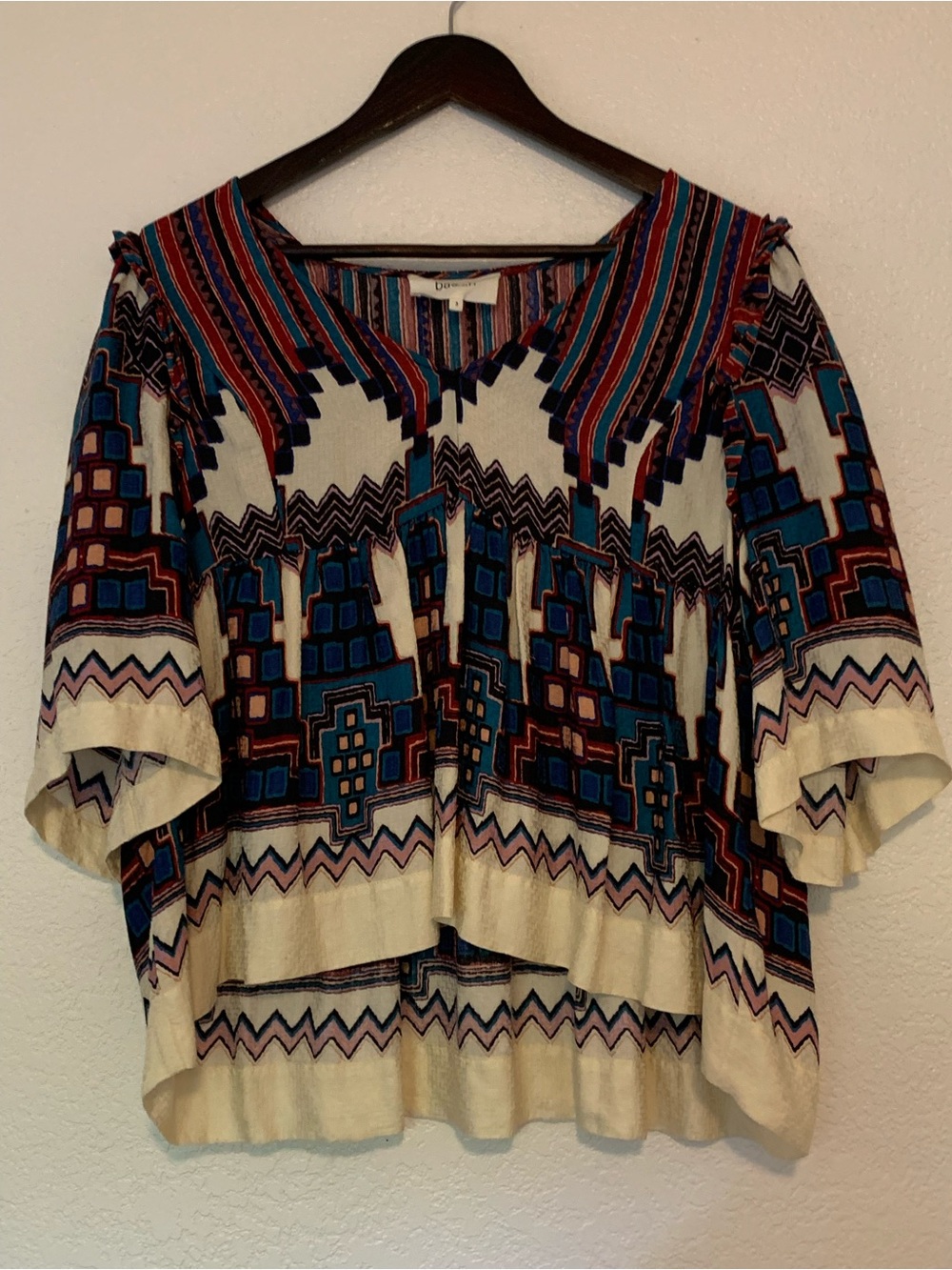 ba&sh Cream Tunic with Blue and Burgundy Geometric Print
